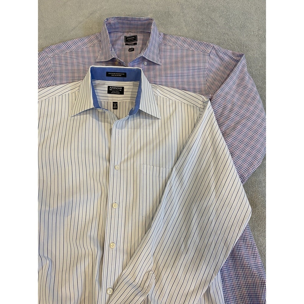 Lot Of (2) Mens Arrow Fitted Long Sleeve Button Down Shirts 15.5-34/35 Purp Blue